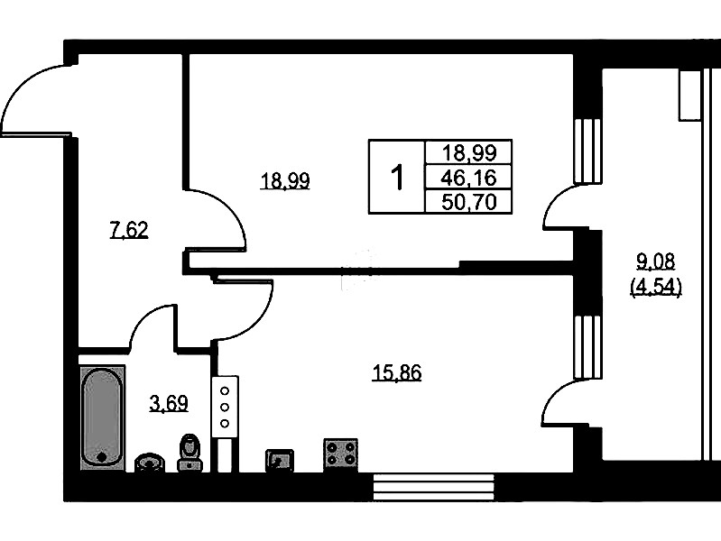 1-комнатная квартира 50.4 м², 10/10 эт., ЖК «VEREN NEXT Шуваловский»